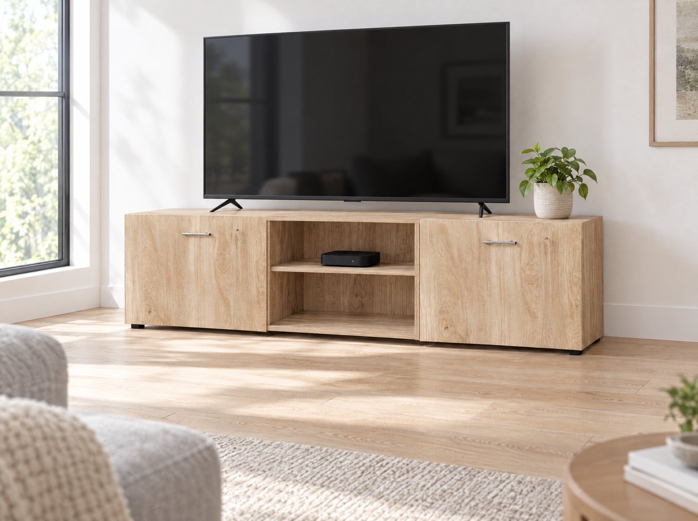 KUBO TV stand 71 inch in Honey Castello Oak in a bright living room
